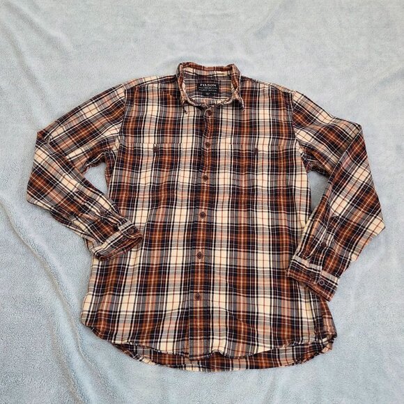 Filson Shirt Men's Medium Brown Cream Plaid Flannel Button Up Classic Outdoors - Picture 1 of 11